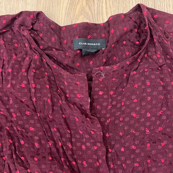 Club Monaco Dress Burgundy Belted Dots Size 4 Midi Length Flared Skirt. - Picture 2 of 6